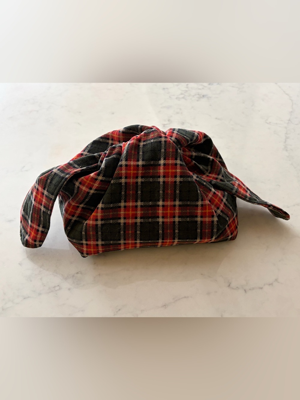 Handmade Plaid Corduroy Knot-Top Pouch - Red/Black